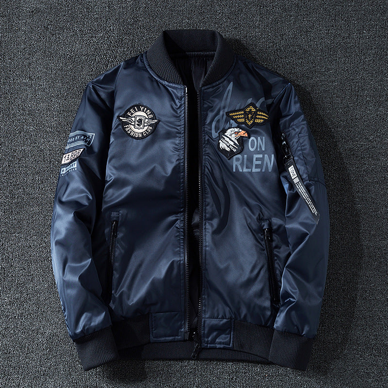 Men's  patch-detail glossy flight bomber with ribbed trims Drune