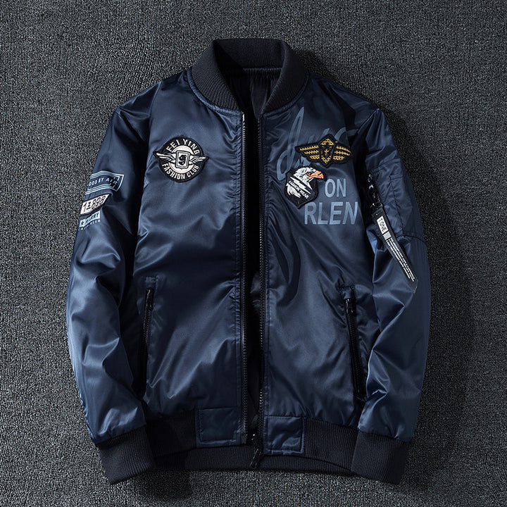 Men's  patch-detail glossy flight bomber with ribbed trims Drune