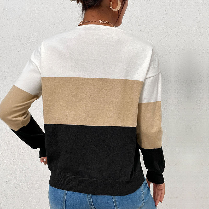 Damen Eleganter V‑Ausschnitt Feinstrickpullover mit breiten Blockstreifen Drune