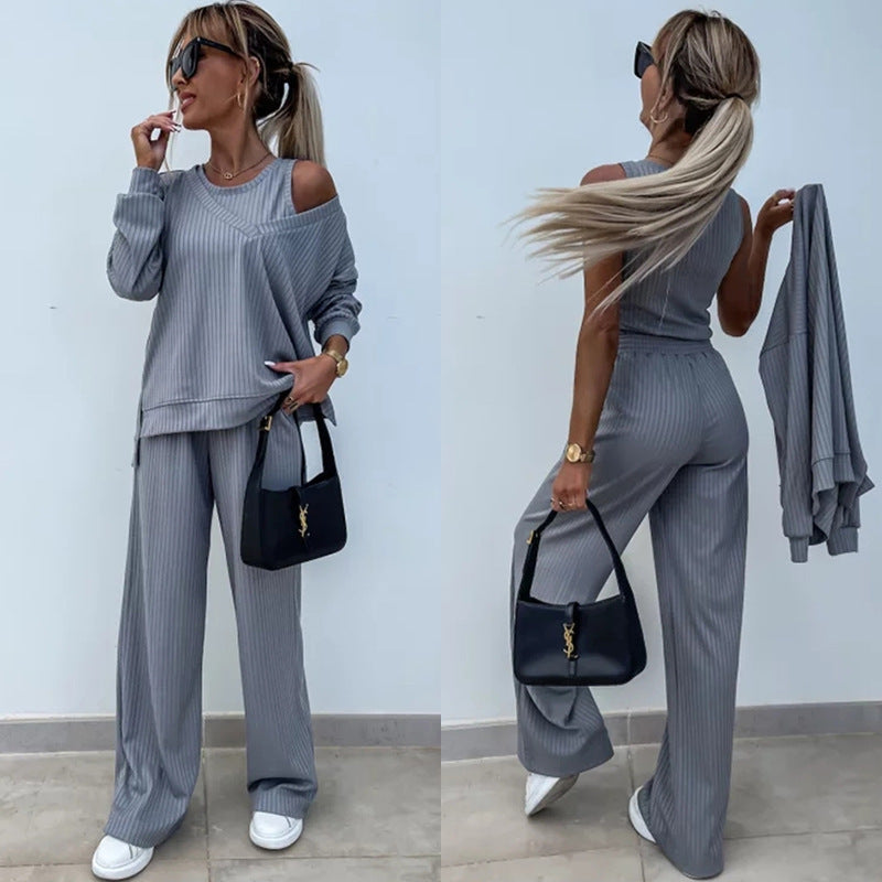 Damen nan elegantes Rippstrick-Zweiteiler Lounge-Set mit einseitigem Schulterfreischnitt und weitem Palazzo-Hosenbein Drune