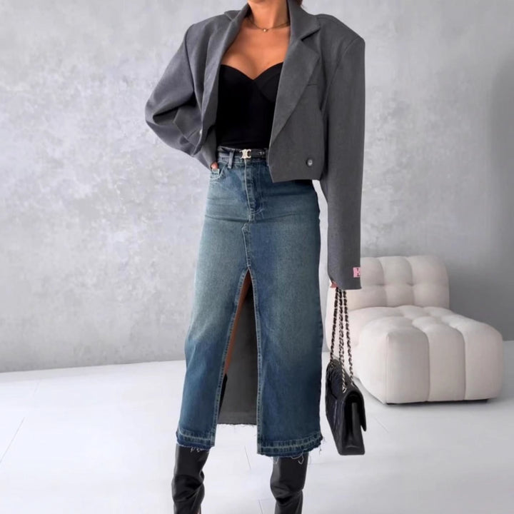 Damen Jeansrock mit hohem Schlitz im modernen Used-Look Drune