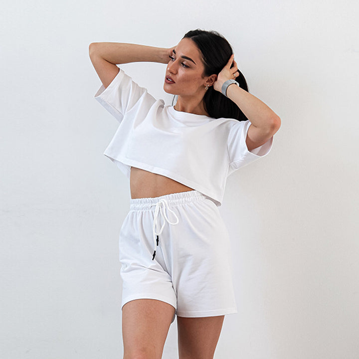 Damen Zweiteiliges Cropped-Lounge-Set aus Baumwolljersey mit elastischer Kordelzug-Shorts Drune