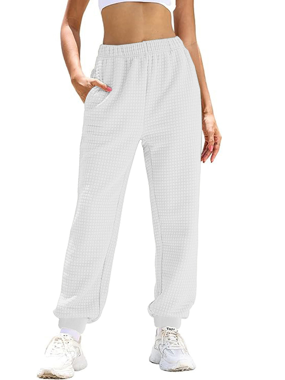 Damen Lässige Waffelstrick-Loungehose mit hohem Elastikbund und Bündchen Drune