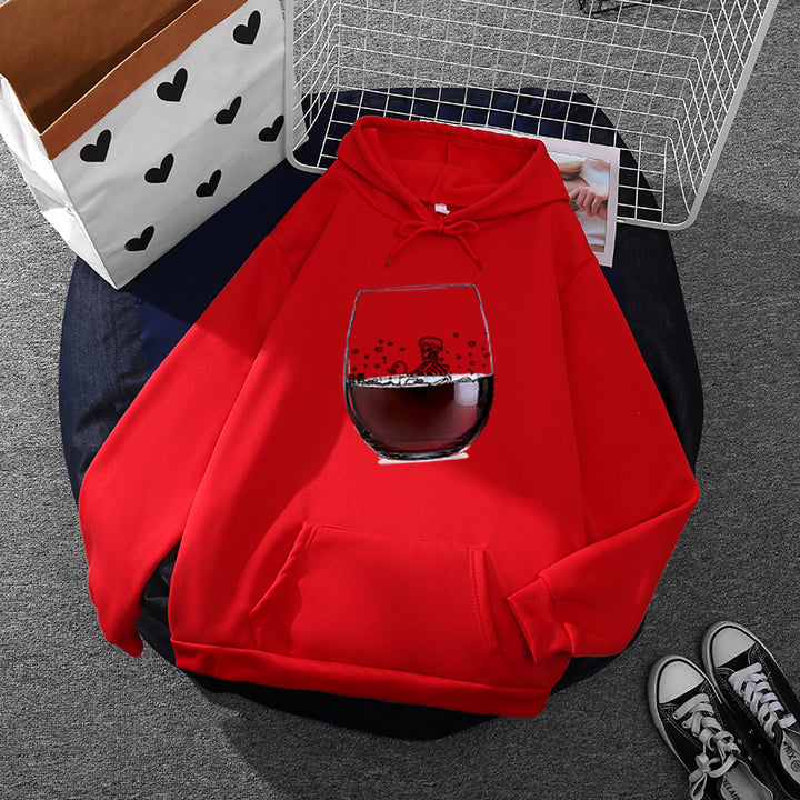 Damen nan lässiger Kapuzenhoodie mit fotorealistischer Weinglas‑Grafik, Kängurutasche und weichem Fleece Drune