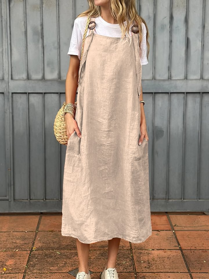Damen lässiges Leinenkleid mit praktischen Taschen und verstellbaren Trägern Drune