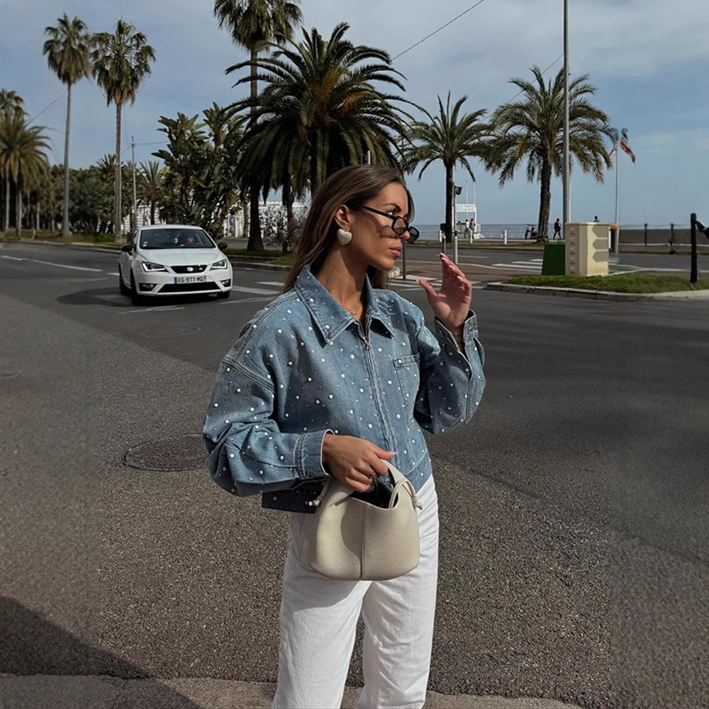 Damen Gekürzte Denim-Jacke mit Perlenbesatz und Oversize-Ärmeln Drune
