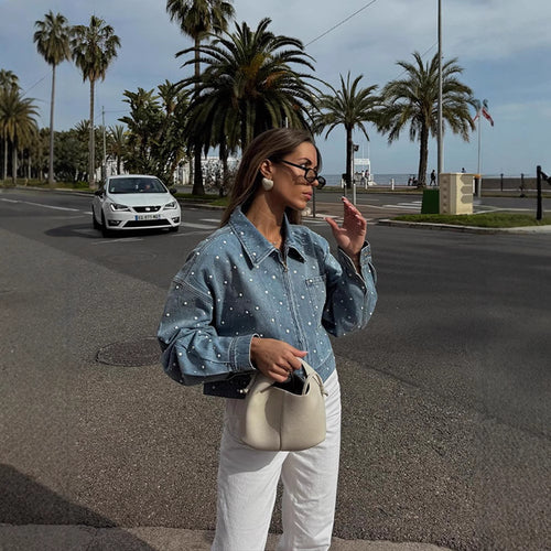 Damen Gekürzte Denim-Jacke mit Perlenbesatz und Oversize-Ärmeln Drune