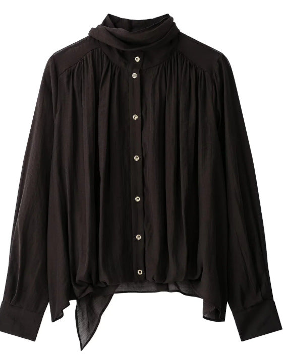 Damen Locker fallende Chiffon‑Bluse mit Schalkragen, Knopfleiste und Ballonärmeln Drune