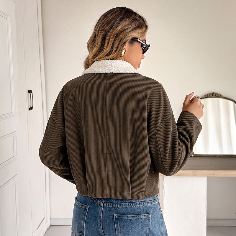 Damen Modische Cordjacke mit Fleecekragen Drune