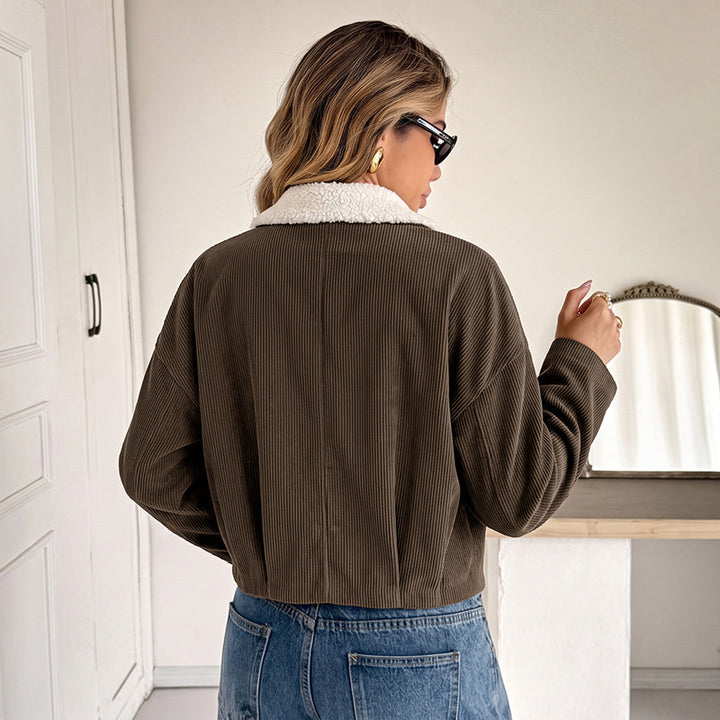 Damen Modische Cordjacke mit Fleecekragen Drune