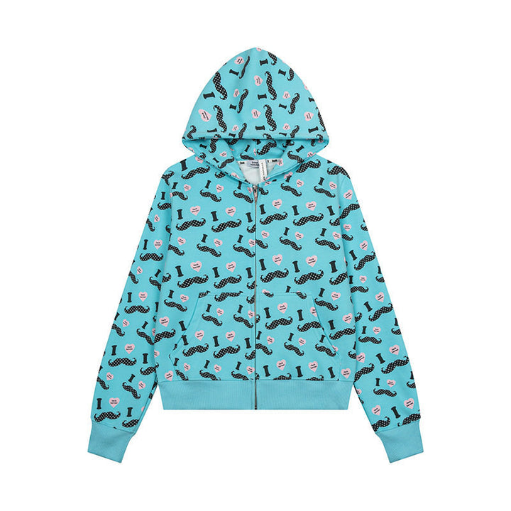 Damen Kurze Kapuzen‑Sweatjacke im Grafik-Print mit Rippbündchen und Kängurutaschen Drune