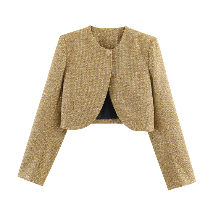 Damen Kurzgeschnittene Bouclé-Cropped-Jacke mit Rundhalsausschnitt und Ein-Knopf-Verschluss Drune