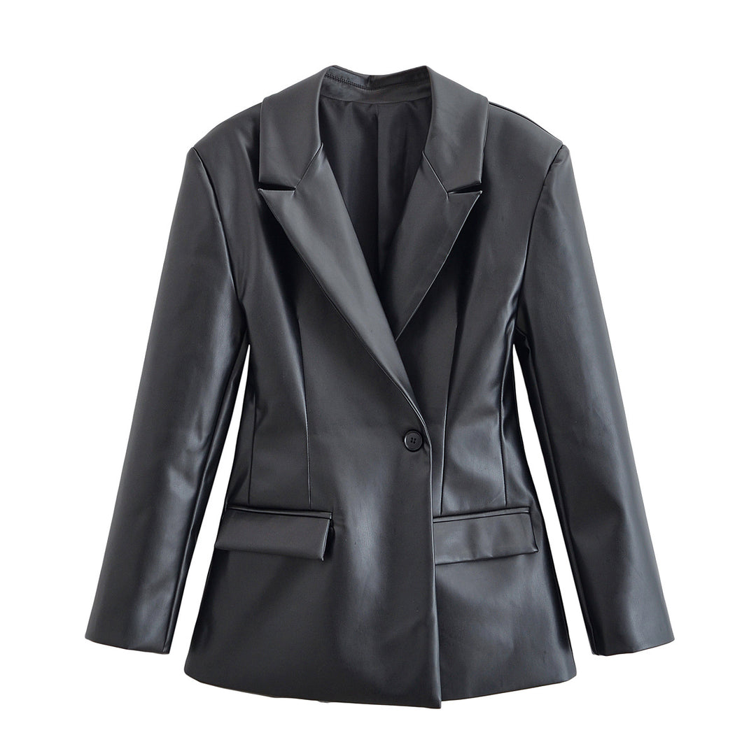 Damen Taillierter Longline-Kunstlederblazer mit Ein-Knopf-Verschluss und Pattentaschen Drune