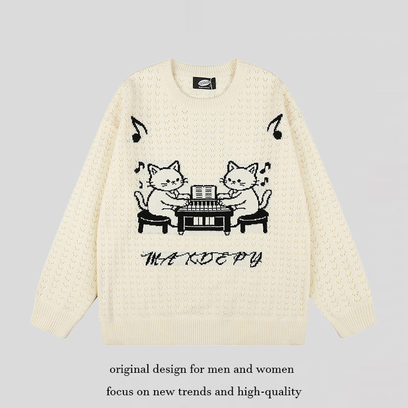 Damen Oversize Strickpullover mit Jacquard-Katzenmotiv und musikalischem Design Drune