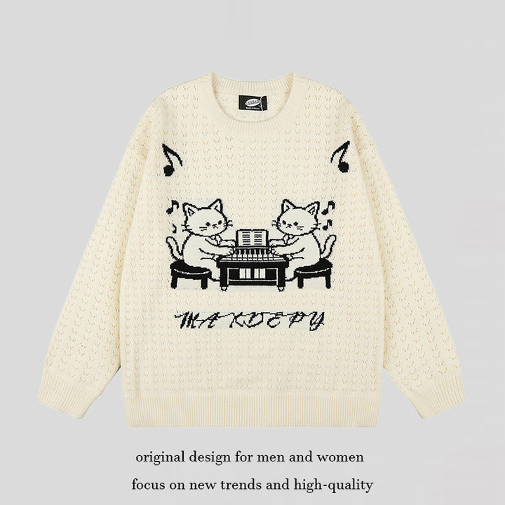 Damen Oversize Strickpullover mit Jacquard-Katzenmotiv und musikalischem Design Drune
