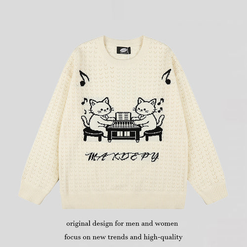 Damen Oversize Strickpullover mit Jacquard-Katzenmotiv und musikalischem Design Drune