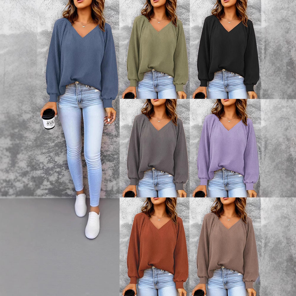 Damen Feinstruktur-Strickpullover mit V-Ausschnitt, Ballonärmeln und Rippbündchen Drune