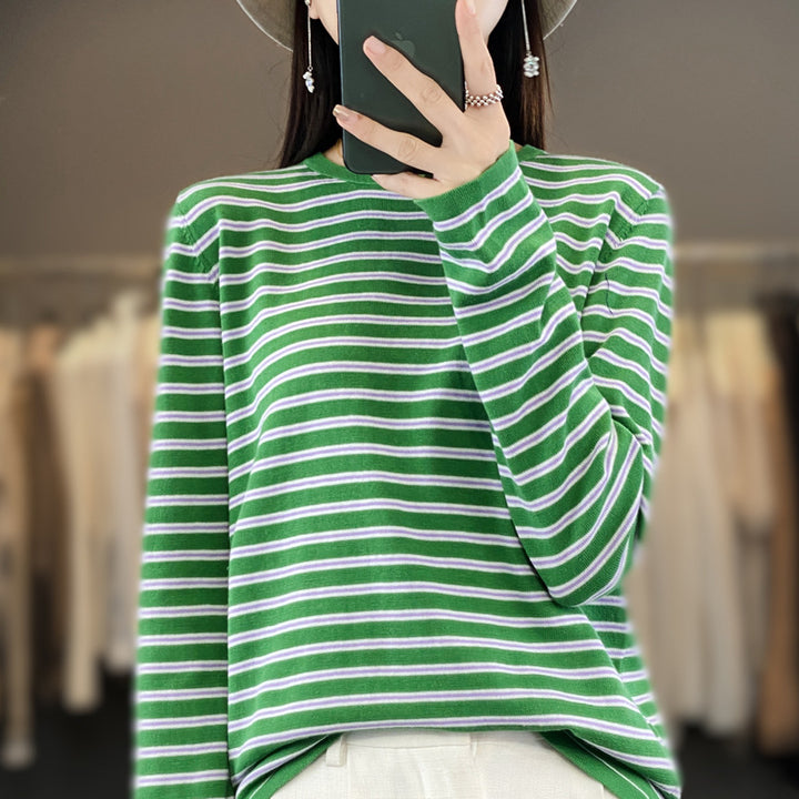 Damen Leichter Baumwollmix-Streifenpullover mit Rundhals, Raglanärmeln und lässiger Silhouette Drune