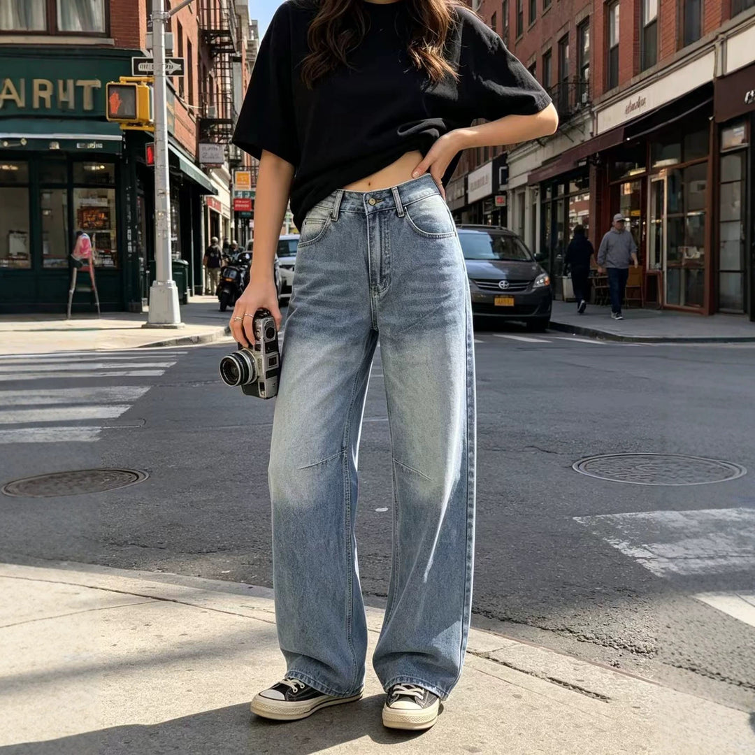 Damen nan hochgeschnittene weite Jeans mit geradem Bein, Knieabnähern und klassischem Five‑Pocket‑Schnitt Drune