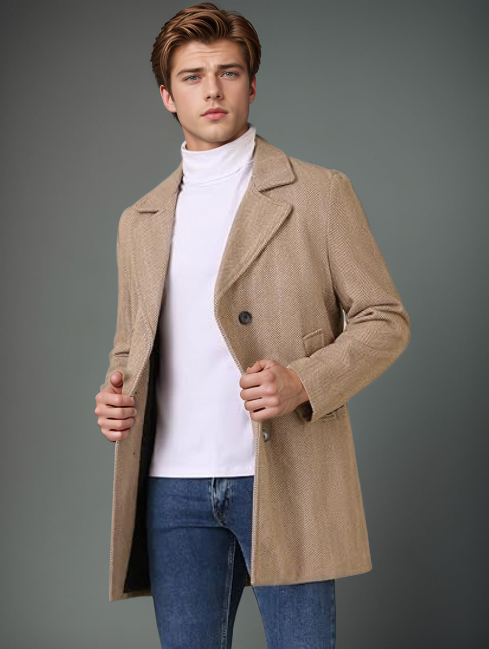 Herren eleganter Wende-Mantel mit doppelter Knopfleiste und verborgenem Gürtel Drune