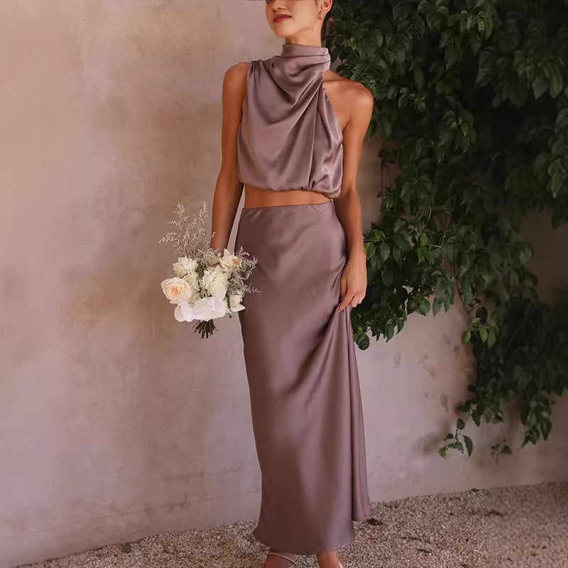 Damen elegante Zweiteiler mit ärmellosem Oberteil und schwingendem Rock Drune