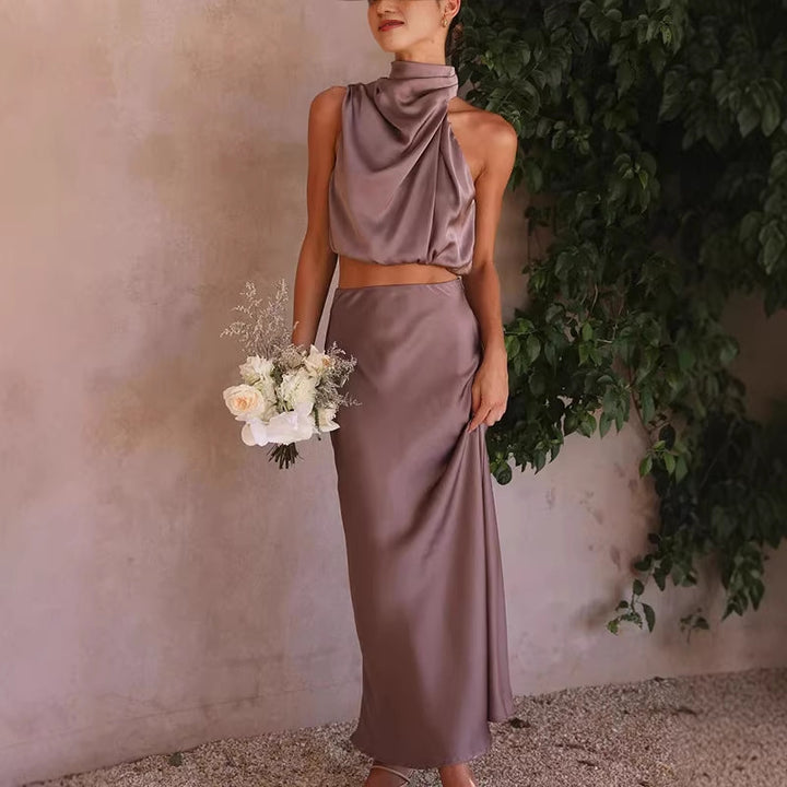 Damen elegante Zweiteiler mit ärmellosem Oberteil und schwingendem Rock Drune