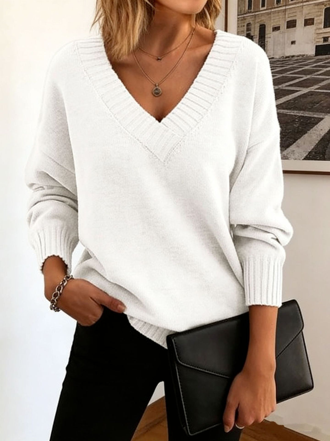 Damen Feinstrickpullover mit tiefem V-Ausschnitt und überschnittener Schulter Drune