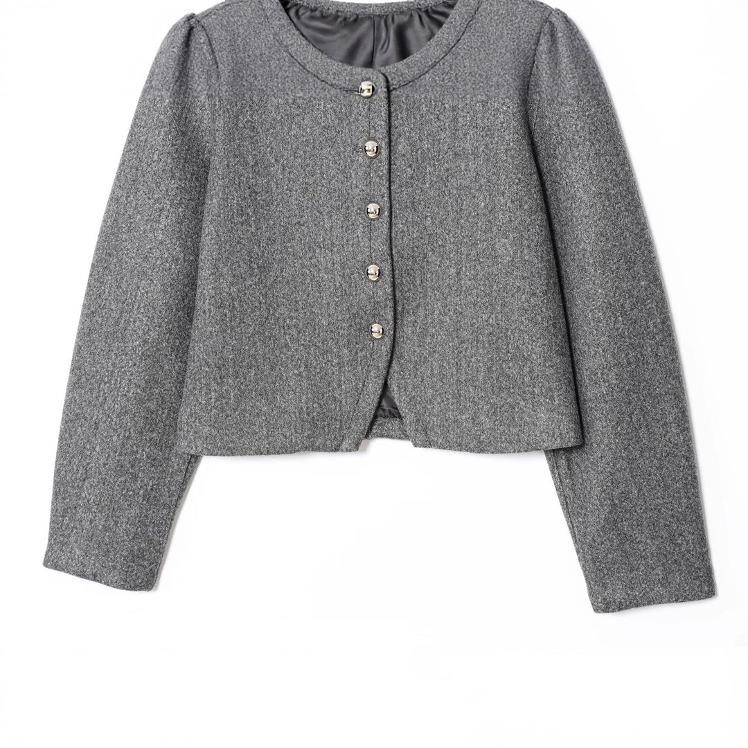 Damen Kurze Boxy‑Wollmix‑Jacke mit Rundhals und dekorativen Metallknöpfen Drune