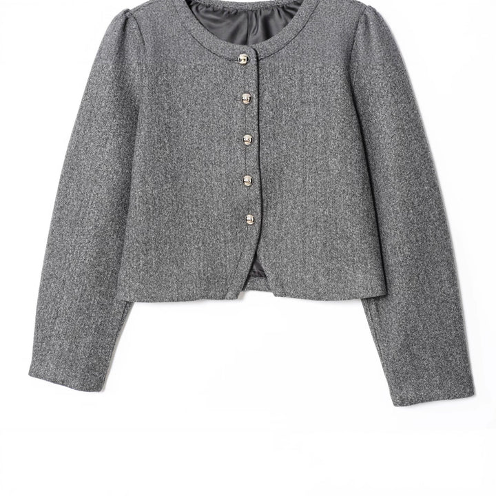 Damen Kurze Boxy‑Wollmix‑Jacke mit Rundhals und dekorativen Metallknöpfen Drune