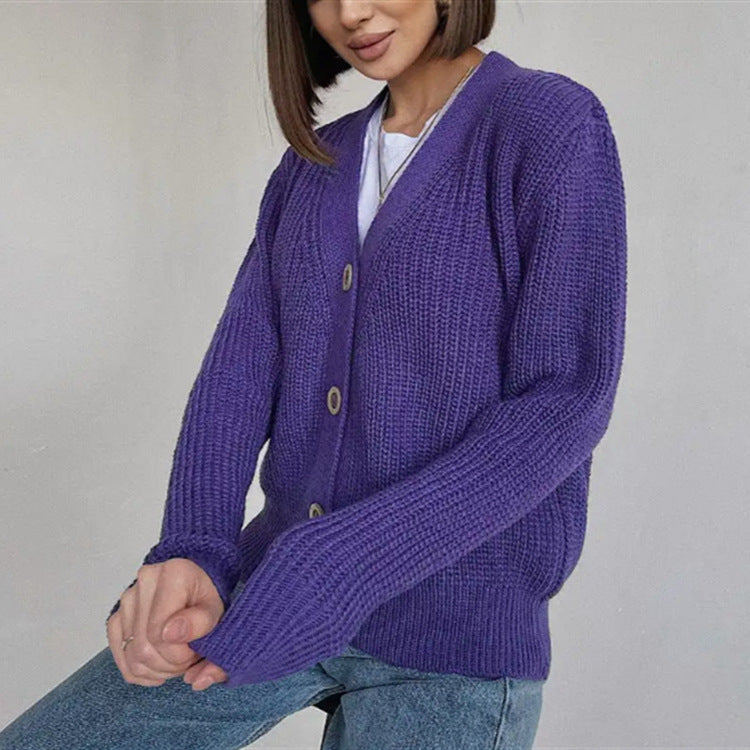 Damen Boxy-Grobstrick-Cardigan mit tiefer V-Leiste, Holzknopfverschluss und geripptem Saum Drune