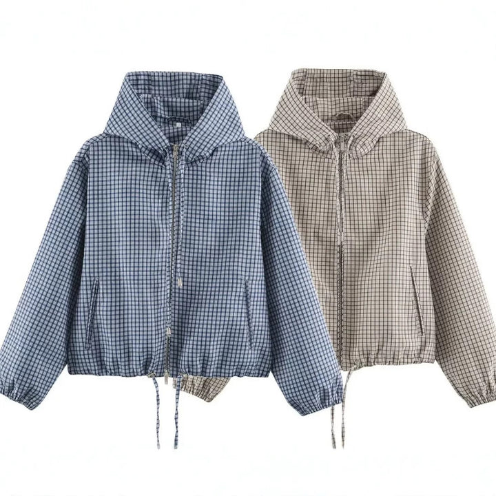 Damen Karierte Cropped Kapuzenjacke mit Tunnelzugsaum und Zwei‑Wege‑Reißverschluss Drune