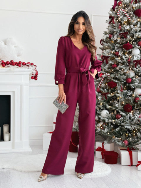 Damen Eleganter Jumpsuit mit taillierbarem Gürtel und V-Ausschnitt Drune