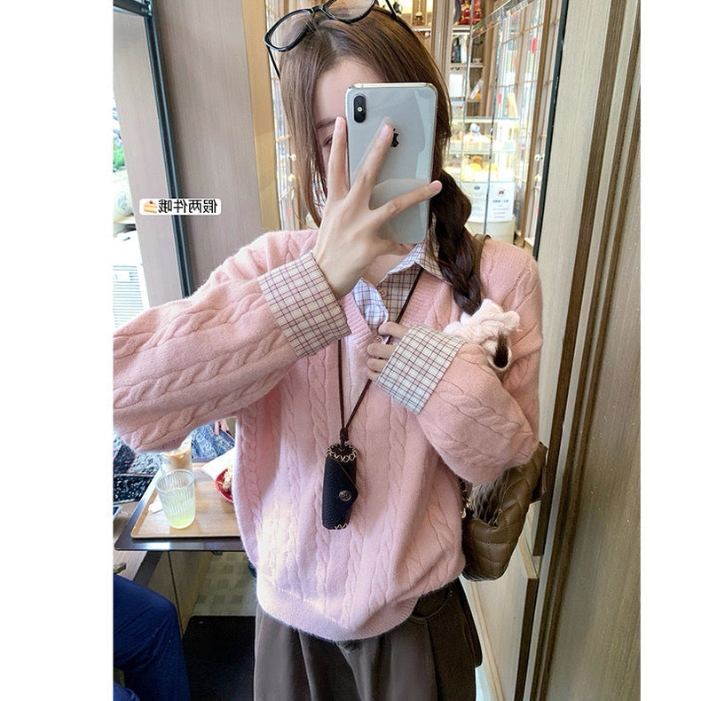 Damen Grobstrickpullover mit Zopfmuster und V-Ausschnitt Drune