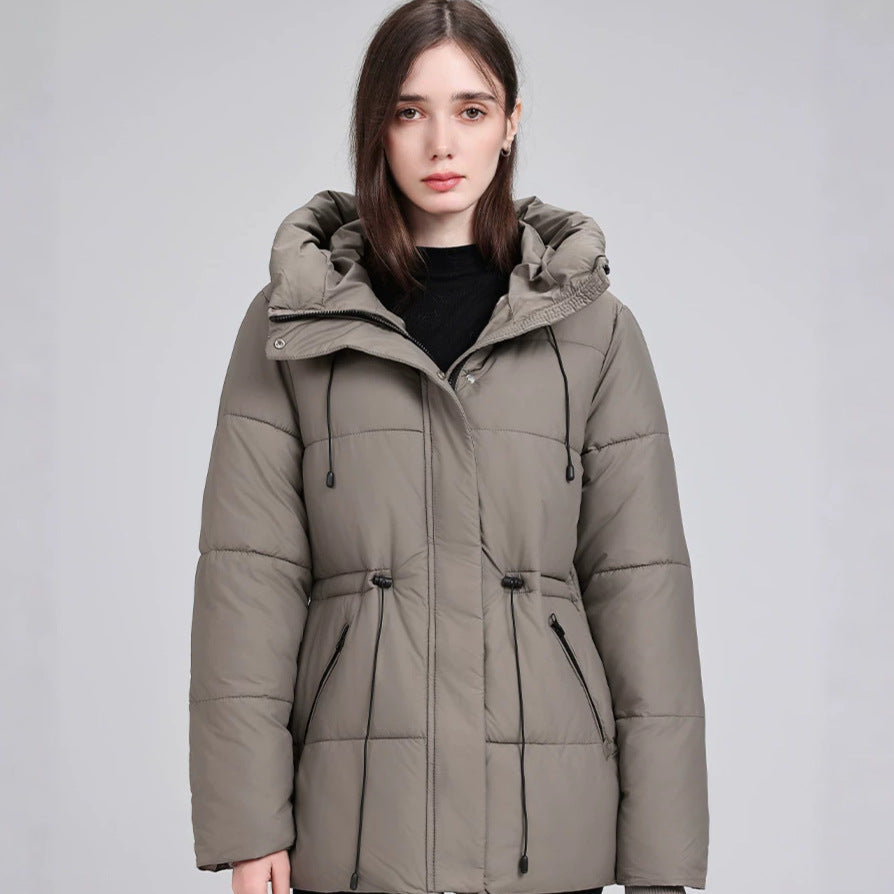Damen Wattierter Mid‑Length Parka mit Kapuze, Taillenzug und Reißverschlusstaschen Drune