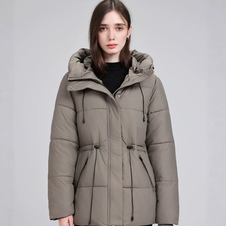 Damen Wattierter Mid‑Length Parka mit Kapuze, Taillenzug und Reißverschlusstaschen Drune