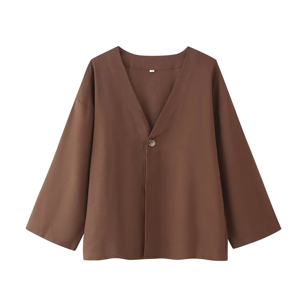 Damen nan lässiges Zweiteiler-Set mit V‑Ausschnitt Bluse und weitem Bundhose Drune