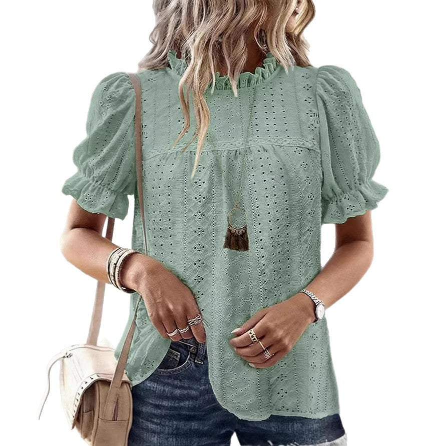 Damen Bluse mit Rüschendetails und Lochmuster Drune