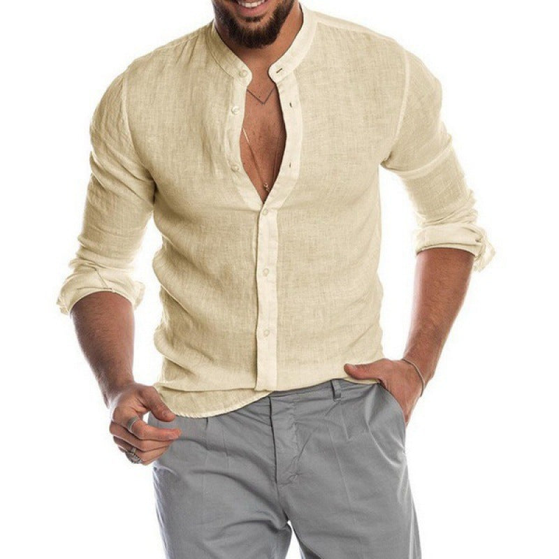 Herren Leichtes Leinenhemd mit Stehkragen, Slim-Fit und durchgehender Knopfleiste Drune