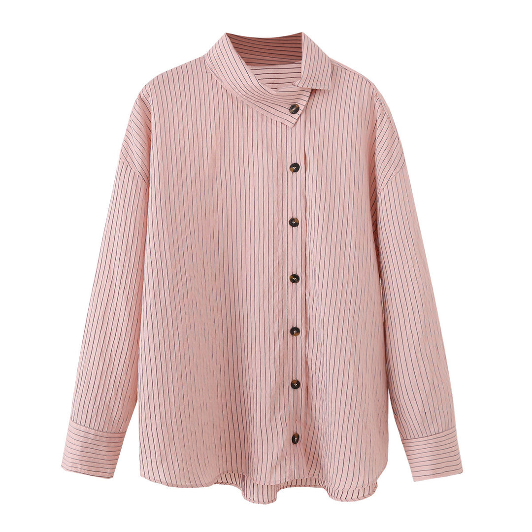 Damen Oversize-Bluse mit Stehkragen, feinen Nadelstreifen und durchgehender Knopfleiste Drune