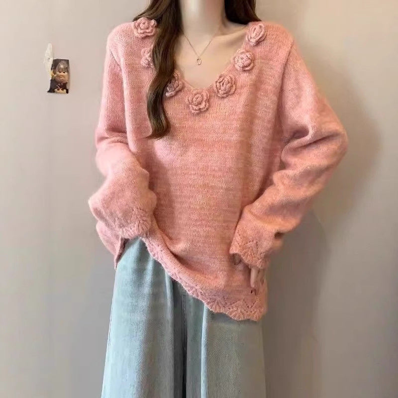 Damen Großer Strickpullover mit floralen Applikationen Drune
