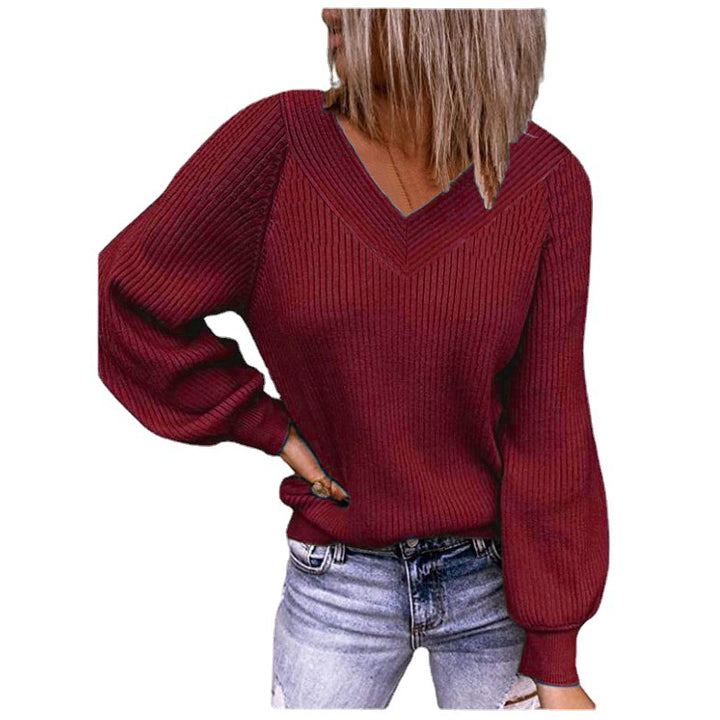 Damen Gerippter V‑Ausschnitt Pullover mit Ballonärmeln und lässiger Passform Drune
