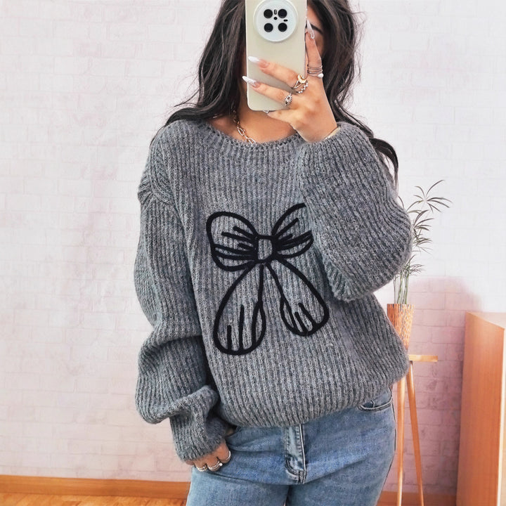 Damen Grobstrickpullover mit verspieltem Schleifenmotiv Drune