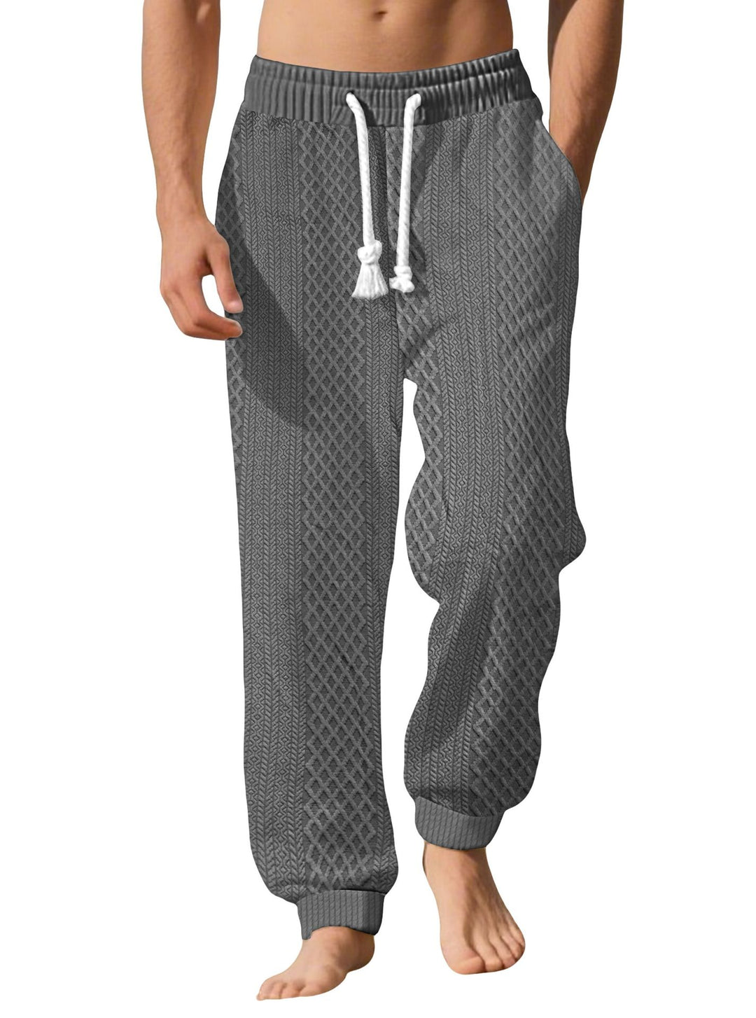 Herren nan gestrickte Wohlfühlhose mit Zopfstruktur, elastischem Bund, Kordelzug und Eingrifftaschen Drune