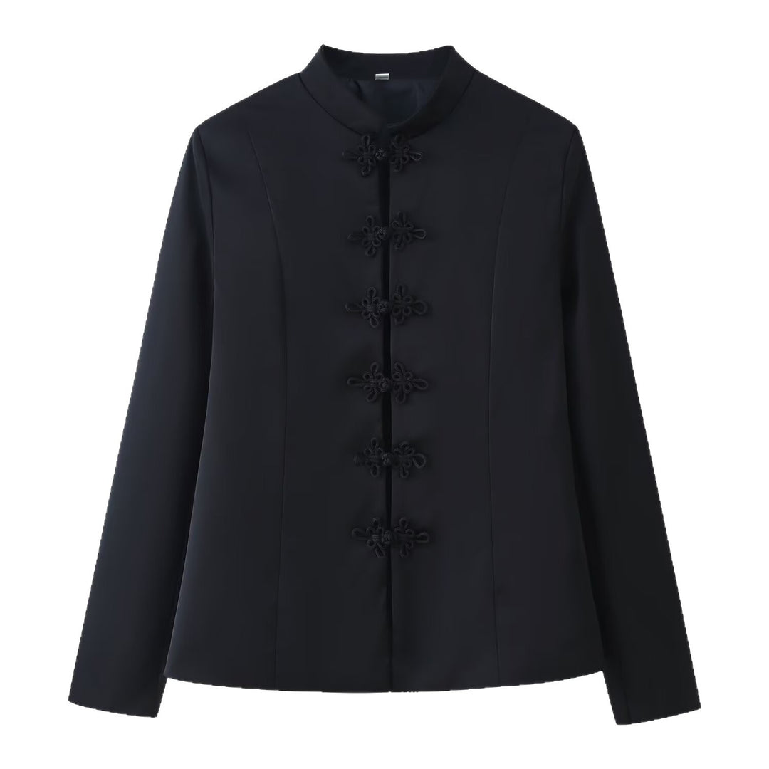 Damen Taillierte Mandarinkragen-Jacke mit dekorativen Kordelknöpfen Drune