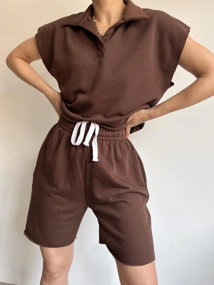 Damen lässiges Poloshirt und kurze Sweatshorts Set Drune