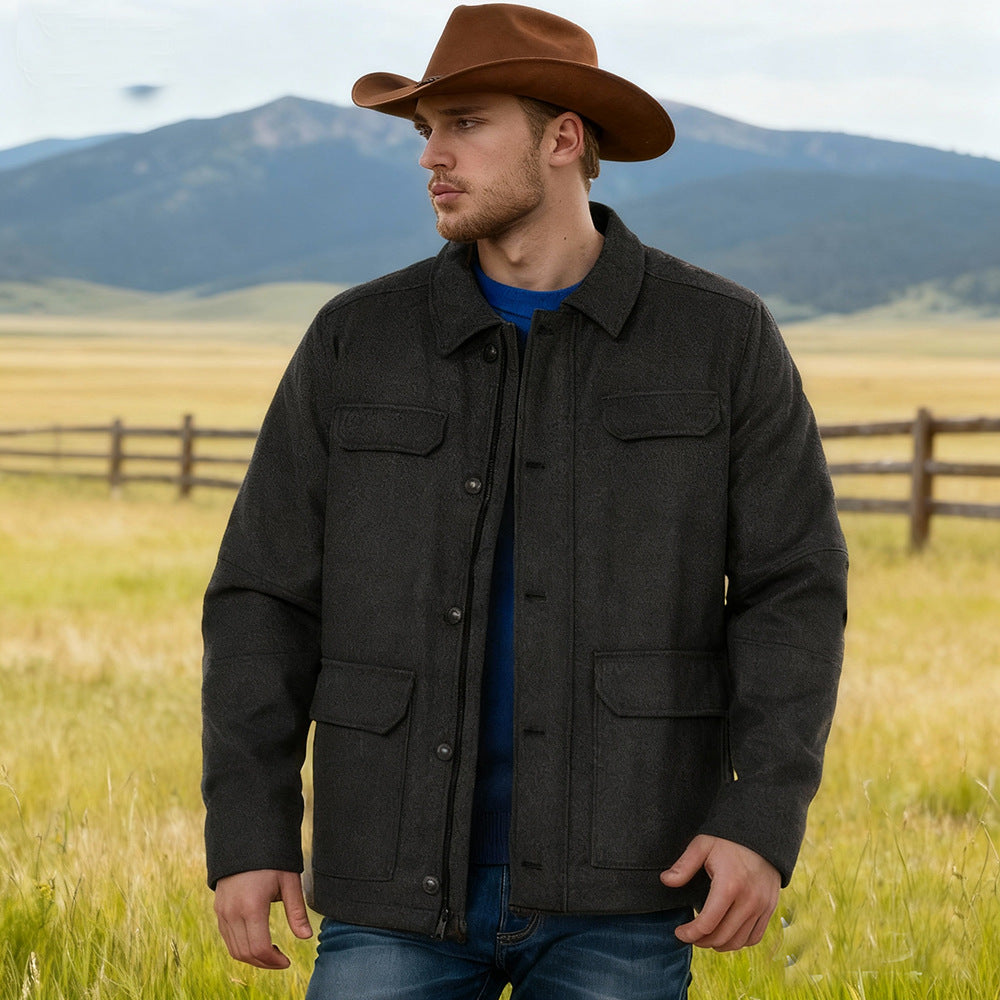 Herren Wollmix-Fieldjacke mit Pattentaschen, durchgehender Knopfleiste und Hemdkragen Drune
