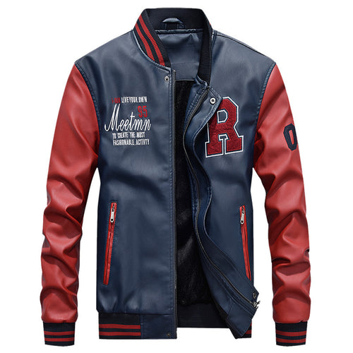 Herren nan Varsity-Lederjacke im College‑Stil mit gesticktem Logopatch, kontrastärmel‑Design und gerippten Bündchen Drune