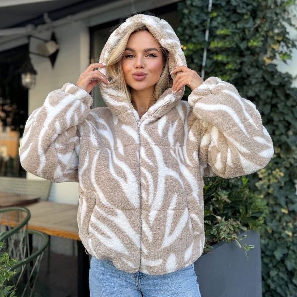 Damen Teddy-Fleece-Kapuzenjacke mit Reißverschluss, Steppnähten und weichem Zickzack-Muster Drune