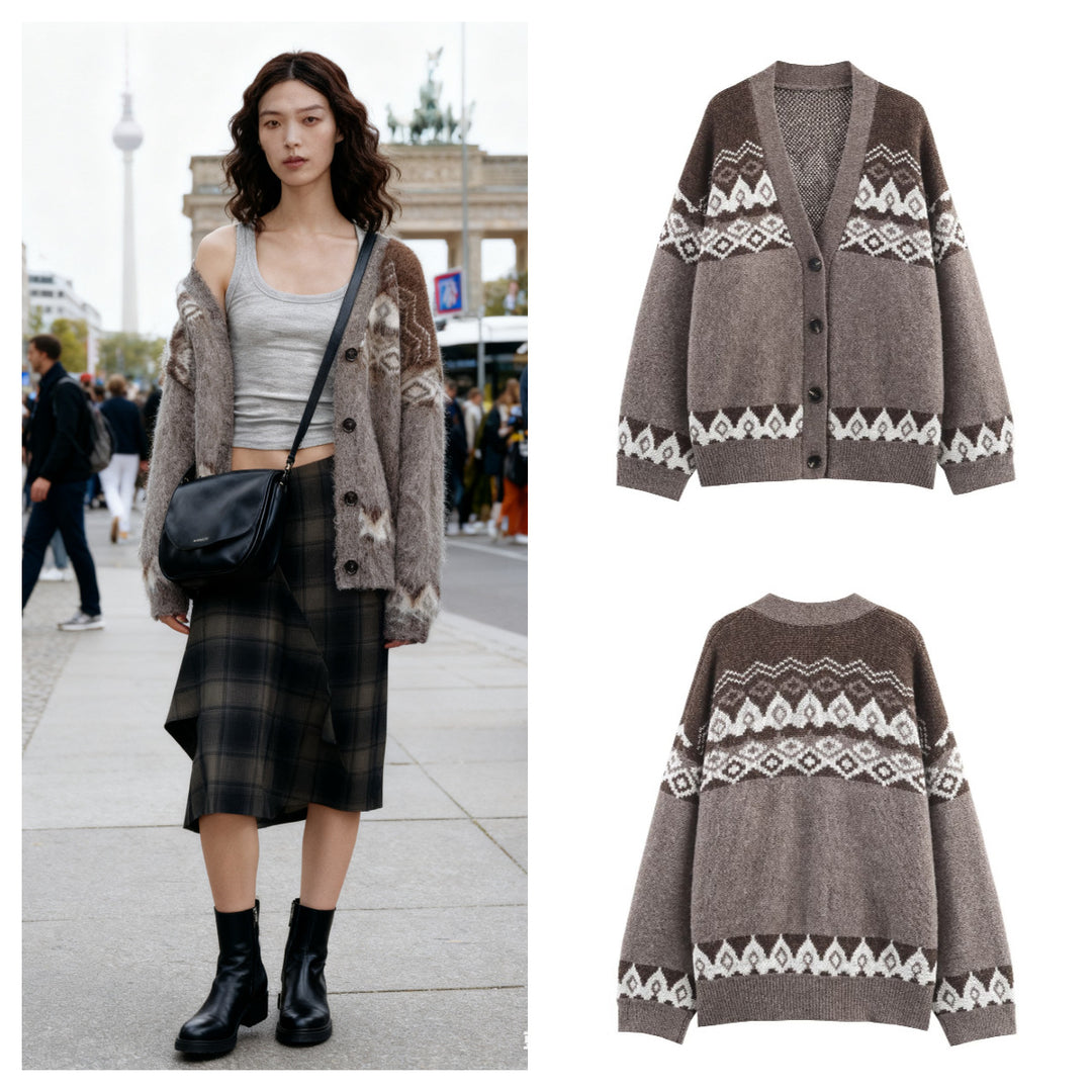 Damen Gemütlicher Strickcardigan mit traditionellen Mustern Drune