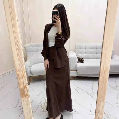 Damen Zweiteiliges Set Schlauchmaxirock mit ausgestelltem Saum und Oversize-Hemd Drune